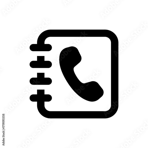 Black and white icon of a contact book with a telephone receiver inside representing communication tool
