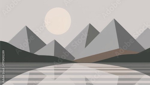Illustration Of A Painting Of Mountains With A Minimalist And Elegant Moon Vector Design Template
