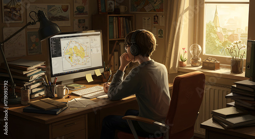 Thoughtful Person Working at a Desk in a Cozy, Sunlit Room