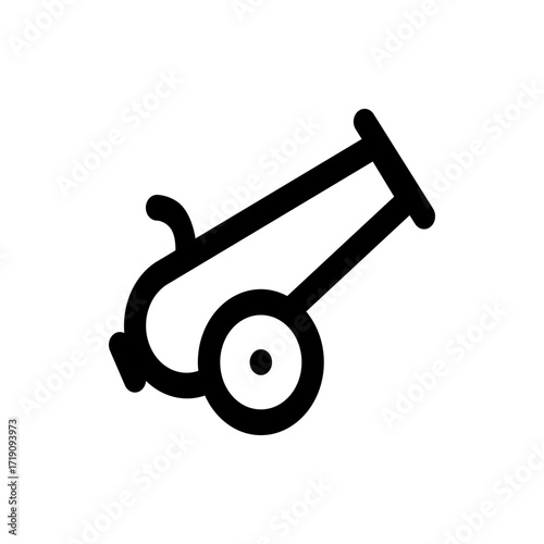Illustration of a black cannon with a wheel and firing mechanism on a white background in simple style