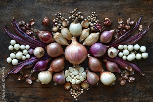 Garlic cloves, onions, and shallots arranged with symmetry on a rustic wooden surface
