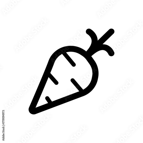 Illustration of a simple black outline carrot with green leafy top on a white background in vector format