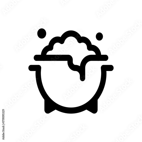 Illustration of a cauldron with bubbling contents and two floating circles in a simple black outline style