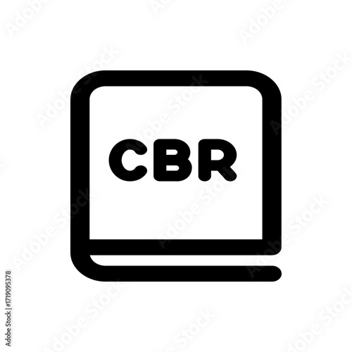 Illustration of a black and white cbr file icon with rounded corners and bold text on a white background