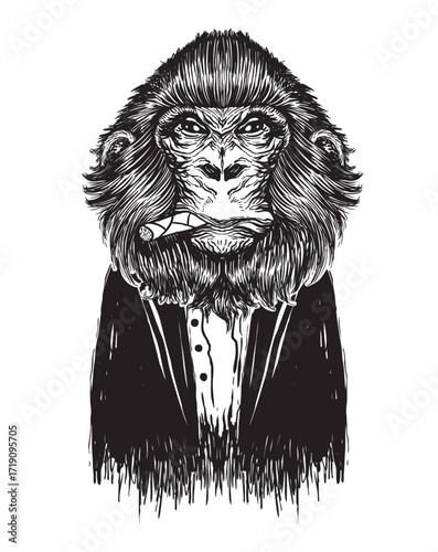 A monochrome, detailed sketch portrays a stern gorilla in a suit, smoking a cigar, centered, with a serious, sophisticated, and slightly humorous ambiance.
