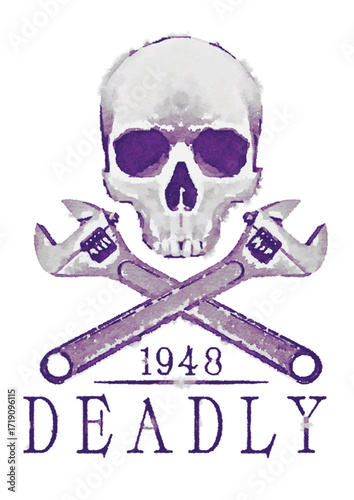 Skull above crossed wrenches, "1948" inscription, and "DEADLY" text, all in faded purple hues, creating a vintage, ominous emblem design.
