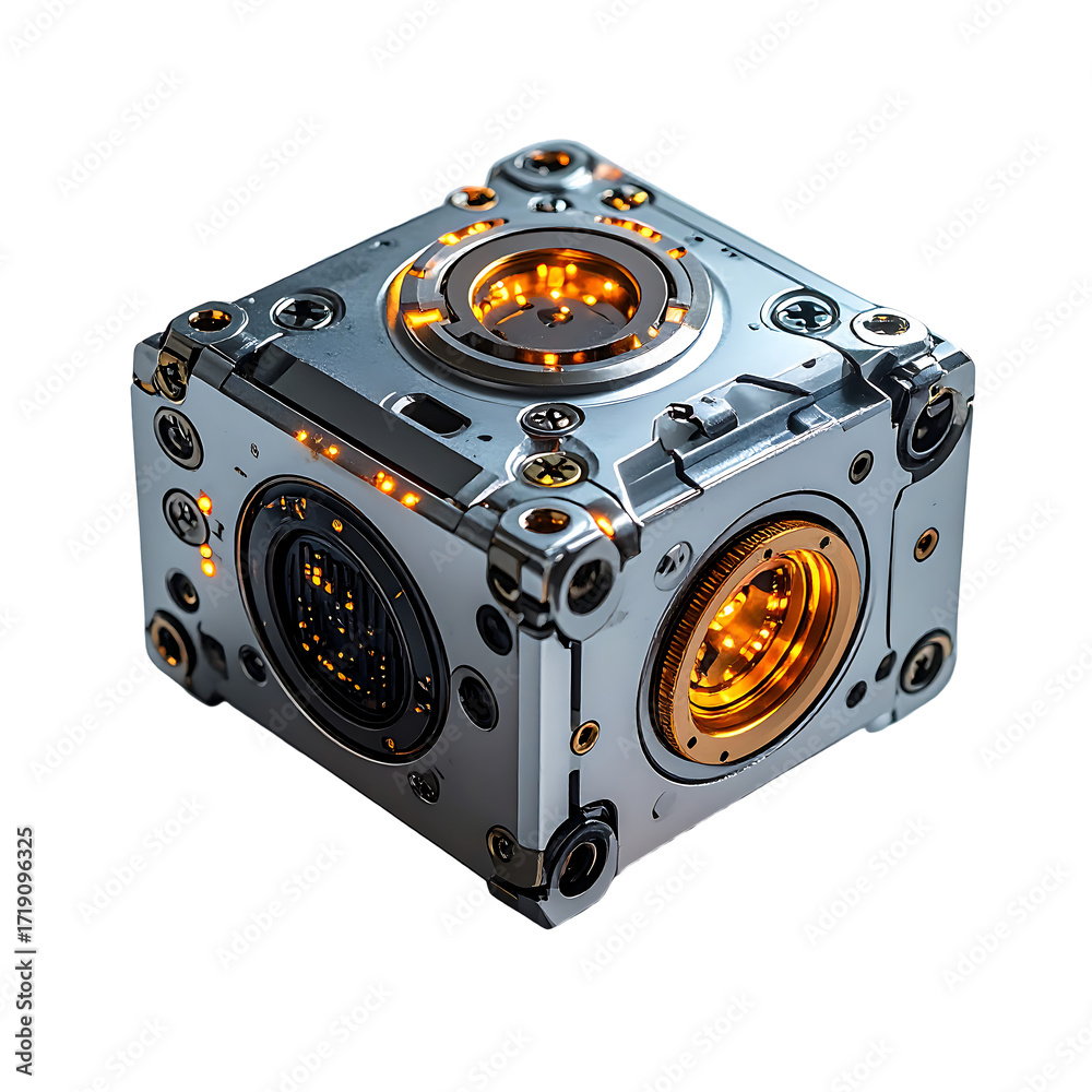 Fototapeta premium A metallic cube, meticulously detailed, with glowing amber internal mechanisms and various metallic components