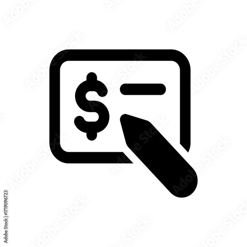 A bank check with a dollar sign and a line next to it with a pen writing on it in black and white style