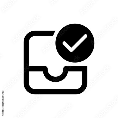 Black outline of a tray with a rounded front and a check mark inside a circle on the upper right side
