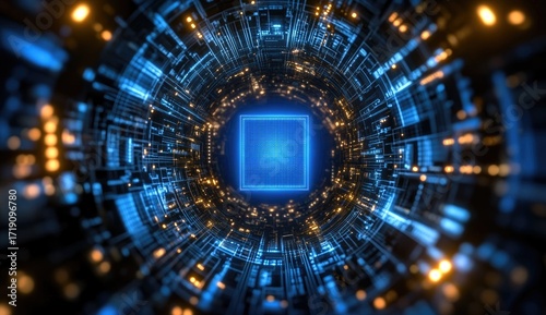 Fototapeta Naklejka Na Ścianę i Meble -  Cybernetic tunnel with glowing central square