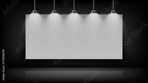 Empty white board mockup on black wall with light bulb on the top, vector illustration