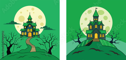 Haunted House Vector Illustration, Spooky Halloween Castle, Full Moon Scary Night Design