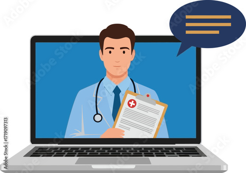 Doctor on laptop screen with clipboard and speech bubble icon editable vector file
