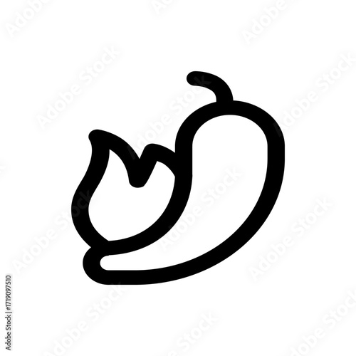 Illustration of a spicy chili pepper with a flame, depicted in a simple black outline style drawing design