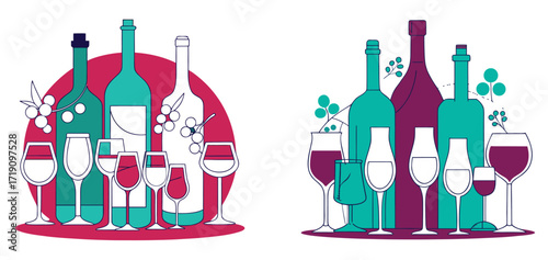 
Wine Bottles and Glasses Vector Illustration, Vineyard Grapes, Alcohol Drink and Winery Lifestyle Design