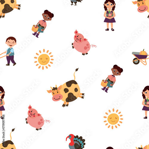 Seamless Pattern of Children and Farm Animals
