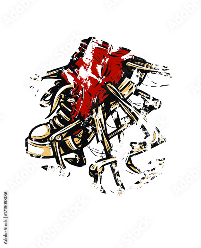 A stylized, chaotic pile of tan sticks and shoe, splattered with red, against a white background, evoking a distressed, abstract, and unsettling mood.
