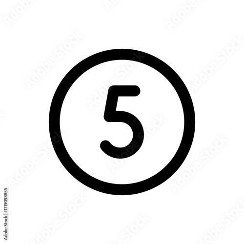 Illustration of the number five inside a black circle with a white background and simple vector design style