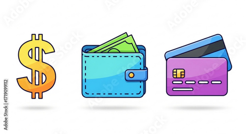 Dollar sign wallet and credit card icon vector illustration for finance and payment method concept design