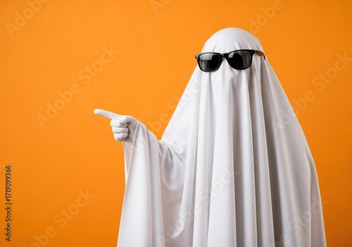 Ghost wearing sunglasses pointing to the side on orange background