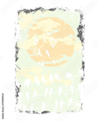 A pale yellow sun with clouds overlooks silhouetted birds on wires, against a light green sky, framed by a distressed, textured border.
