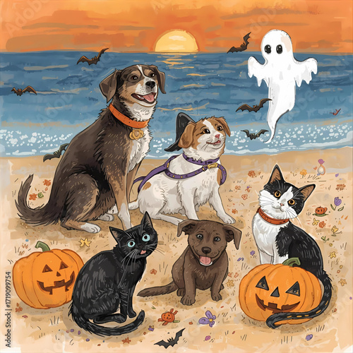 Adorable Halloween Pets on Beach: Whimsical Illustration, Sunset, Pumpkins, Ghost