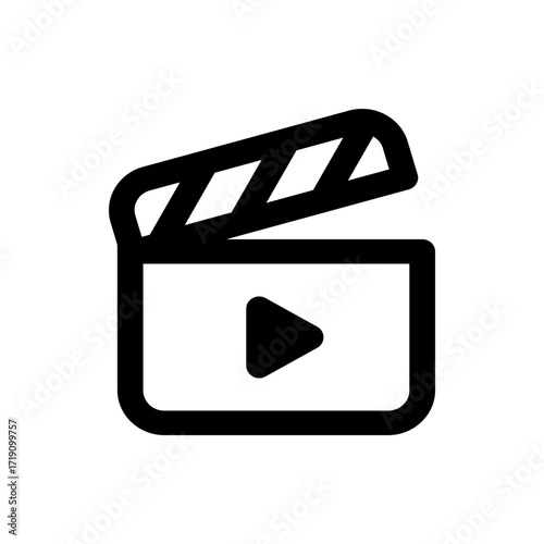 Illustration of a black and white film clapperboard with a play button inside the rectangular frame