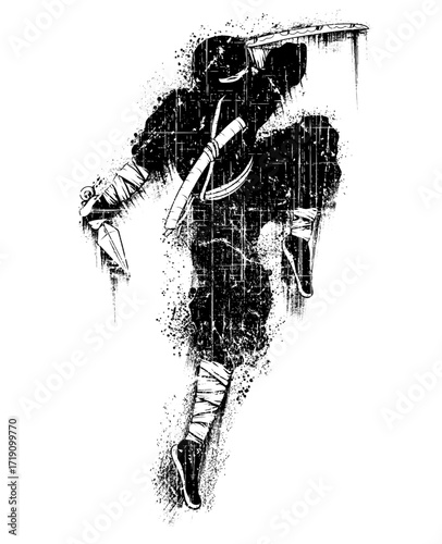 Dynamic, monochrome ninja silhouette wielding a katana, rendered with splattered ink effect, conveying action and intensity against a stark white background.
