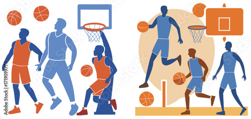 Basketball Players Vector Illustration, Team Sport, Game Training and Athletic Action Design