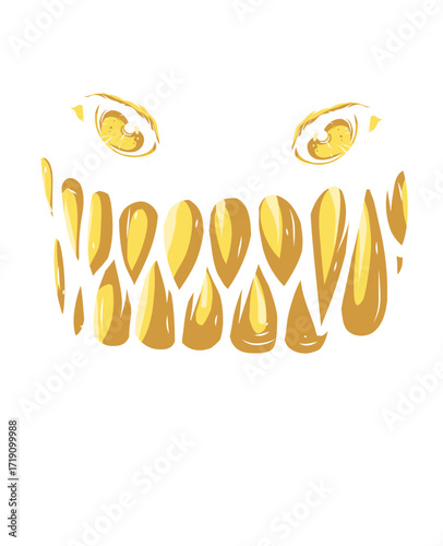 Golden, menacing eyes glare above a wide, toothy grin of sharp, stylized teeth against a stark white background, creating an eerie, unsettling ambiance.
