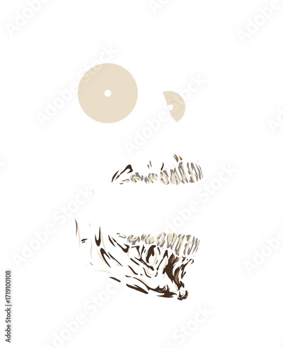 Abstract, deconstructed face: two beige circles above fragmented white and brown lines suggesting facial features, isolated on white, creating a minimalist, unsettling mood.
