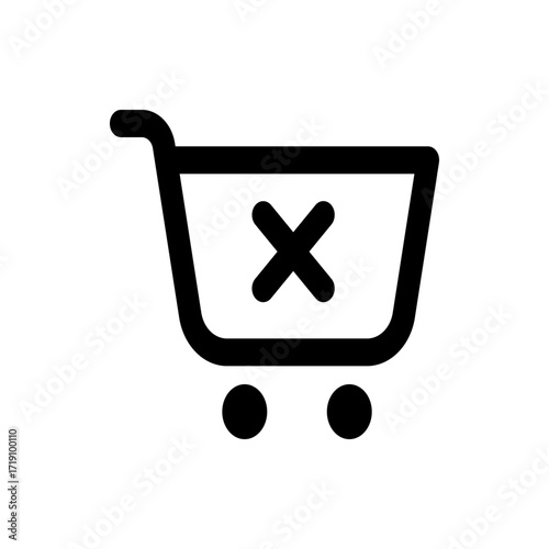 Black shopping cart icon with an x inside representing removal or cancellation of items in the cart