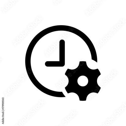 Illustration of a clock with hands indicating time and a gear symbol overlapping the clock face design