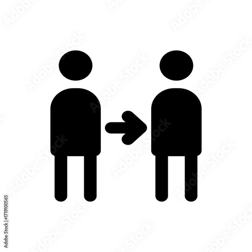 Two stick figures connected by an arrow representing transformation or change in a simple graphic design