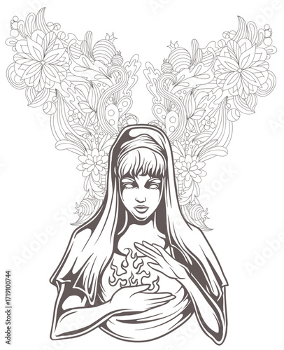 Monochrome drawing: veiled woman holds stylized fire, floral patterns behind, somber mood, detailed linework, front view, medium distance, ethereal ambiance.
