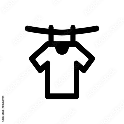 A simple black and white line drawing of a t shirt hanging on a clothesline with two visible clothespins