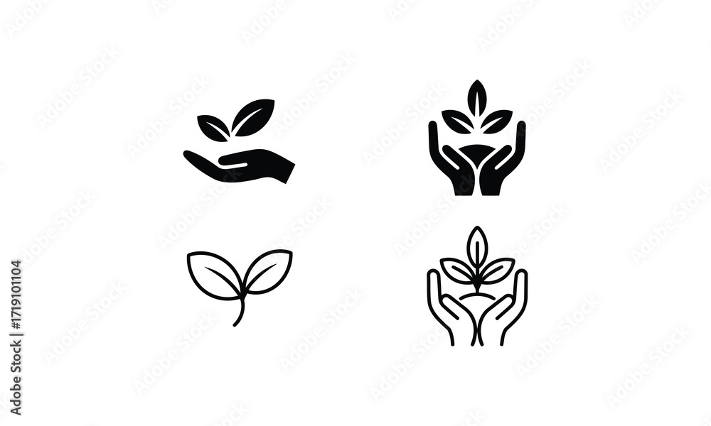 Obraz premium Four black icons of hands holding plants and leaves