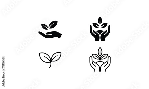 Four black icons of hands holding plants and leaves