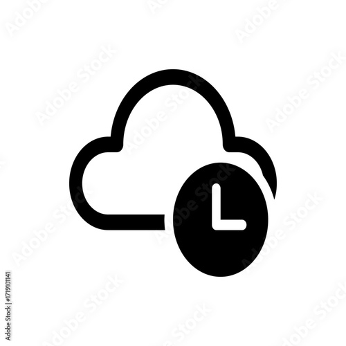 Cloud icon with a clock overlay indicating time synchronization and data backup status on a white background