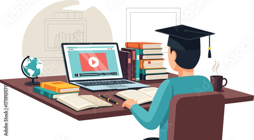Online Learning Student with Laptop and Books Illustration