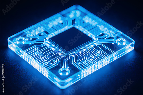 Close-up of futuristic blue PCB with visible illuminated circuits and technology parts