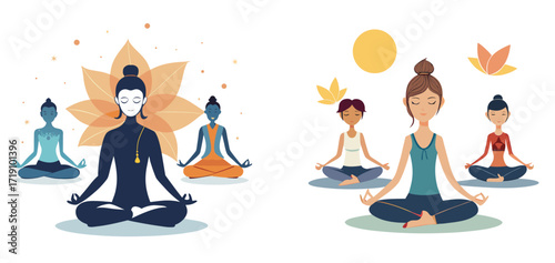 Meditation and Yoga Vector Illustration, Buddha Mindfulness, Spiritual Wellness and Healthy Lifestyle Design