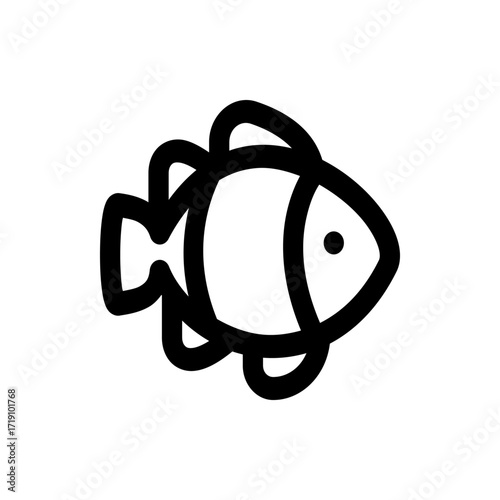 Illustration of a stylized black fish with rounded fins and a simple eye on a white background design element