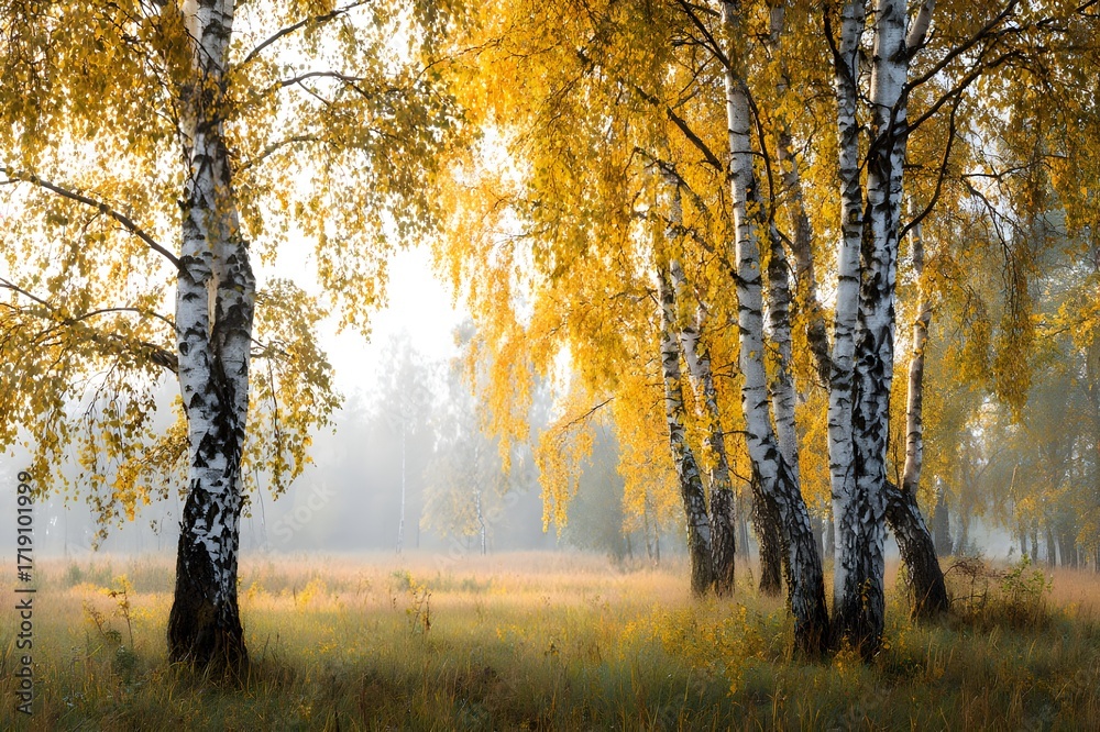 Fototapeta premium Golden birch grove in soft morning mist, sunlit yellow leaves and white trunks over a grassy meadow, peaceful autumn landscape.