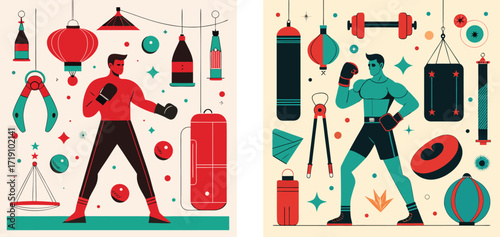 Boxing Fighter Training Vector Illustration, Punching Bag Gym Equipment, Combat Sports and Martial Arts Design