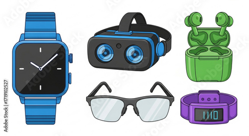 Collection of modern electronic gadget icons, including smartwatch, VR headset, earbuds, and fitness tracker