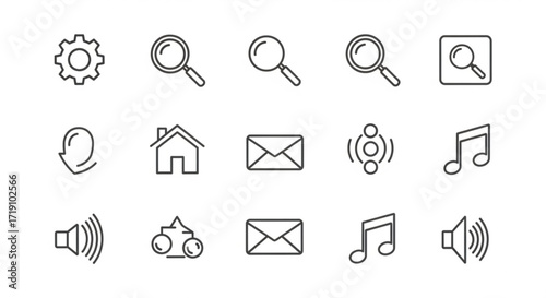 Set of outline icons representing common digital functions and actions for user interface design