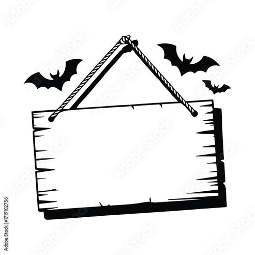 Halloween themed sign with bats hanging from a rope ready for your message
