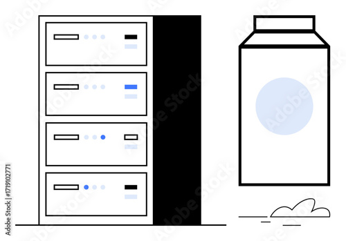 Data server stack and milk carton represent technology, storage, balance between digital and physical. Ideal for data center concepts, tech advancement, smart storage, innovation, cloud analogy