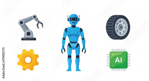 Blue robot icon with gear, arm, wheel, and AI chip illustrations